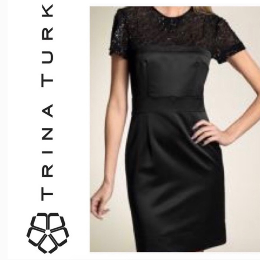 NWT $300 TRINA TURK Women’s Black Sequin Satin Formal Wedding Cocktail Dress 2